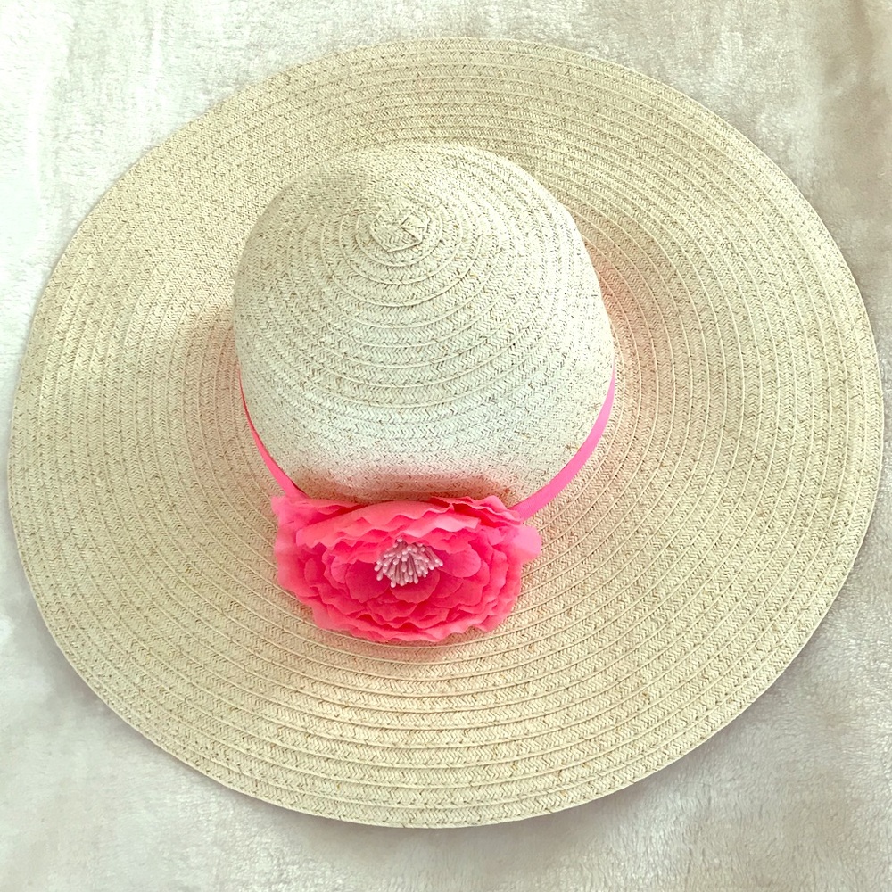 Floppy Sun Hat Natural/Gold Thread & Coral Flower